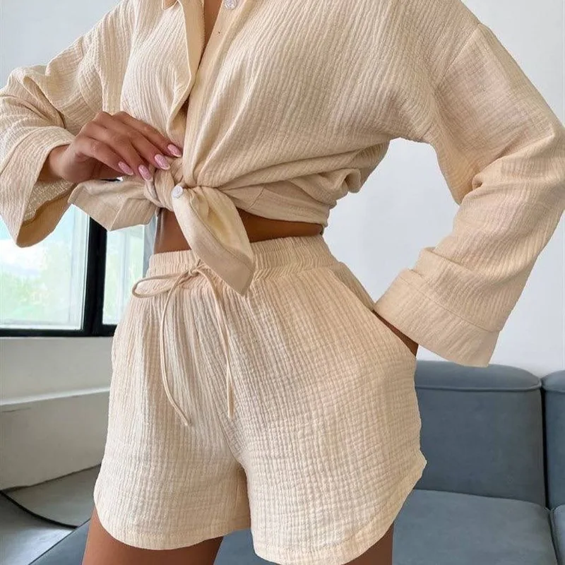 New Women Lounge Wear Shorts Set Short Sleeve Shirt Tops And Loose Mini Shorts Suit Two Piece Set Cotton Linen Summer Tracksuit