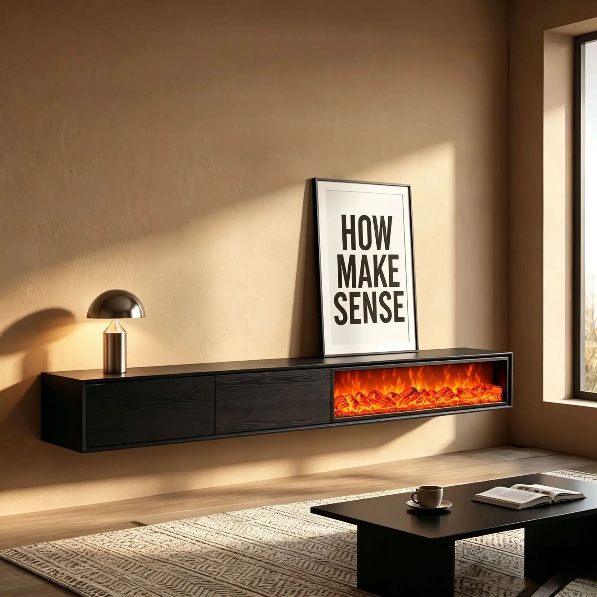 TV cabinet simulated flame decorative furnace core fake flame living room TV black wood grain wall-mounted cabinet
