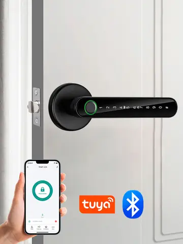 KERUI 지문 도어 잠금 장치 Tuya 스마트/스마트 라이프 지문/비밀번호/키/Tuya APP/카드 잠금 해제 기능이 있는 전자 도어 잠금 장치