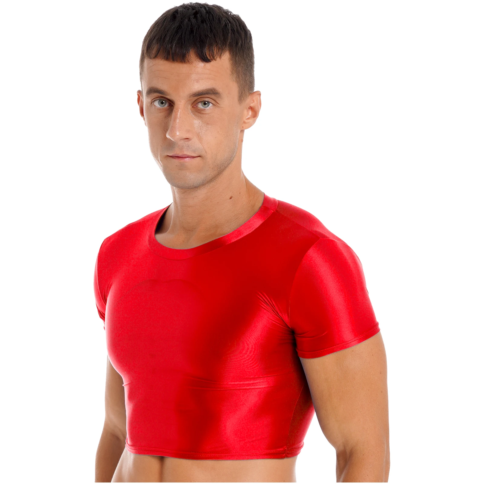 Men's Short Sleeve Crop Tops Glossy Smooth Short T-Shirt Slim Fit Stretchy Tee Mens Sportswear Swimwear Clothes