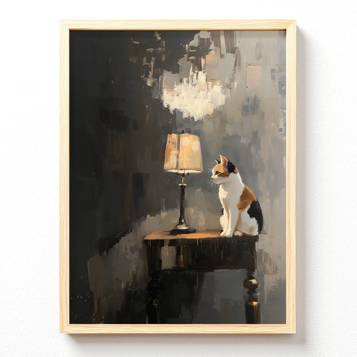 Nocturne Calico Cat Wall Art - Dramatic Impressionist Print of a Cat Beside a Glowing Lamp, Rich Textured Hues of Grey and Umber