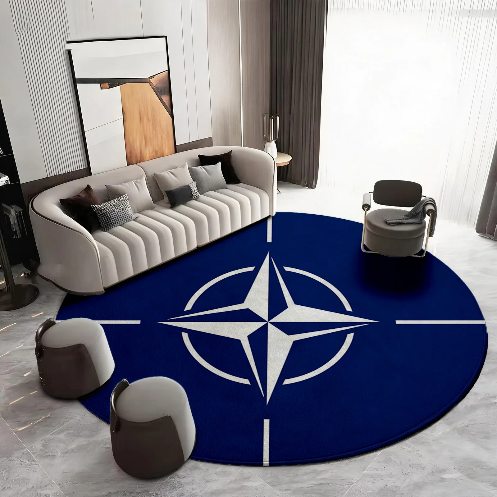 Round Geometric Blue Area Rug Carpet Mat Compass Rose Design for Modern Living Room Home Decor Navy Starburst Floor Runner Accen