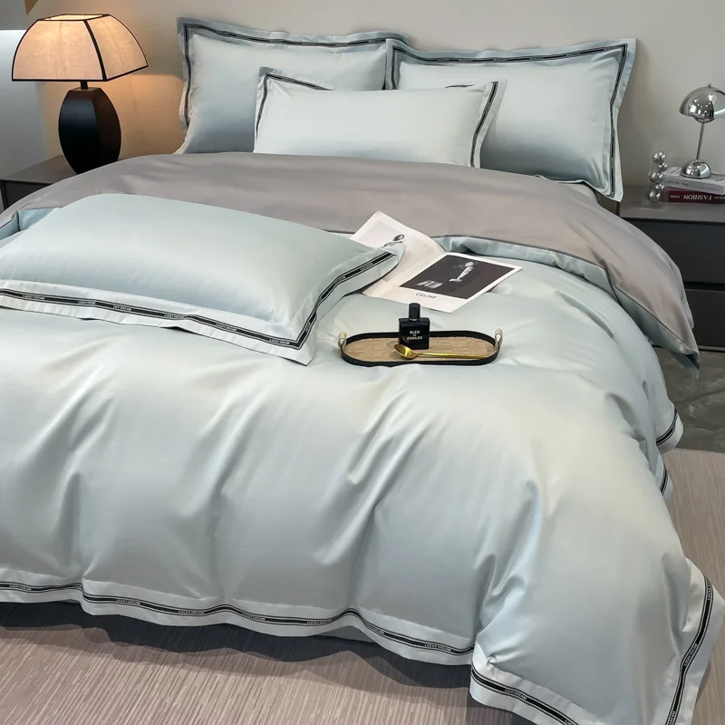 

New long-staple cotton four-piece set, 40-piece solid color wide-edge simple bed quilt cover and sheet