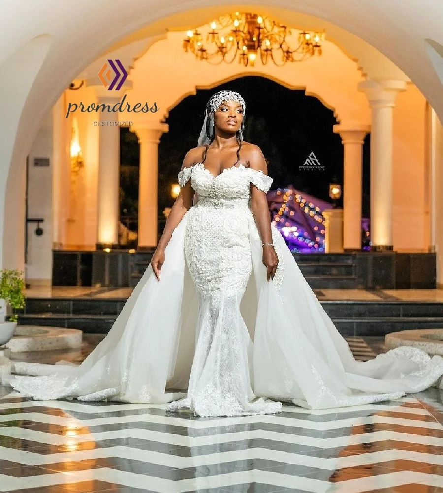 

Plus Size Overskirt Wedding Dress With Beaded Elegant Nigeria African Church Bridal Dress 2025 Lace Country Bride Customized