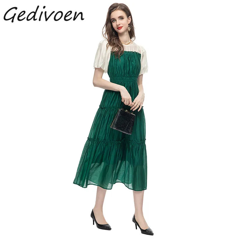 

Gedivoen Summer Fashion Runway Vintage Pleated Dress Women's O-Neck Beading Hit Color Splicing Elastic Waist Ruffles Long Dress