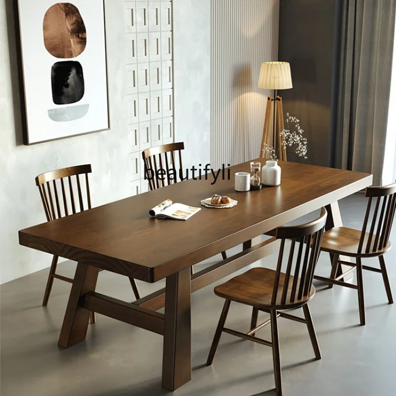 

Modern Minimalist Solid Wood Dining Table Combination Rectangular Household Restaurant Leisure Log Dining Table