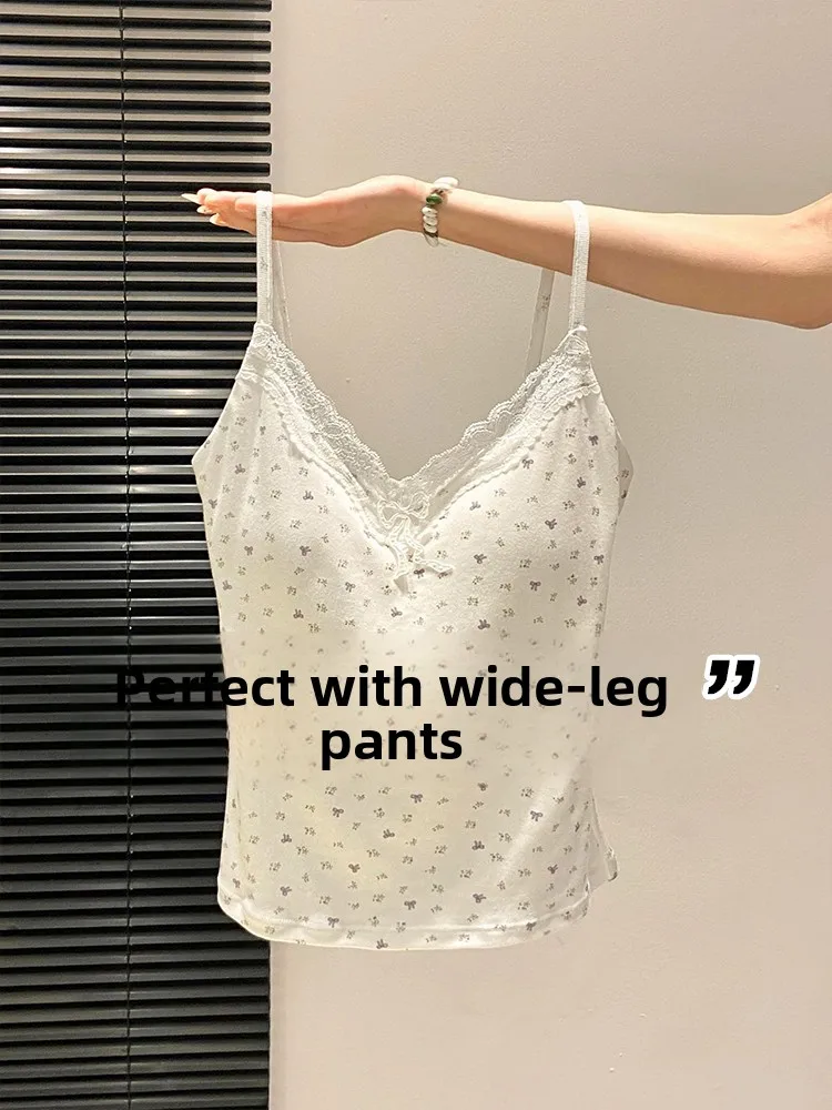 Summer Atmosphere Print Lace Halter Top Women Sweet Anti-Aging Short Sleeve Vest Inner Wear with Chest Pad Outerwear Base Layer