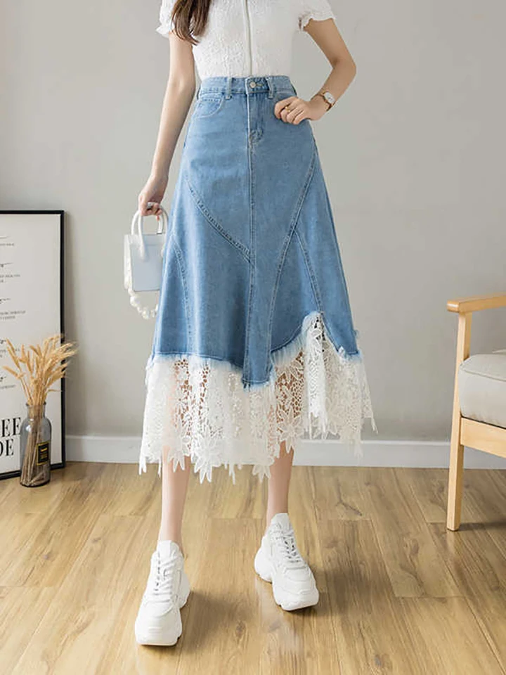 Lace Patchwork Denim Skirt For Women's Summer New Retro High Waist