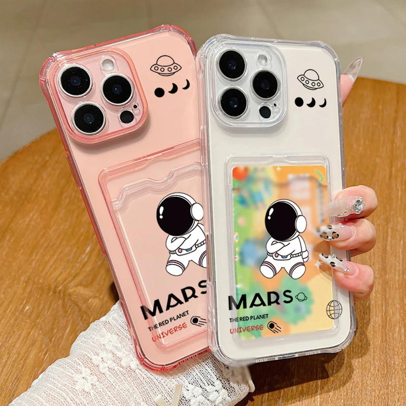 Case For iPhone 16 Pro Max Luxury Mars Astronaut Print Clear Soft Silicone Card Holder Cover For iPhone 15 14 13 Pro Max 12 11