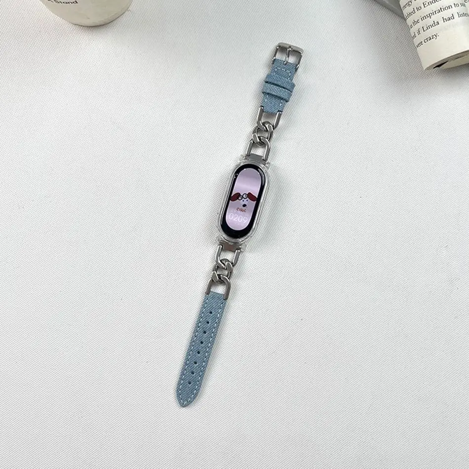 Strap For Xiaomi Mi Band 8 7 Fashion Denim Leather Metal Chain Bracelet Watch Band For Miband 7 8 Wristband with Protect Case