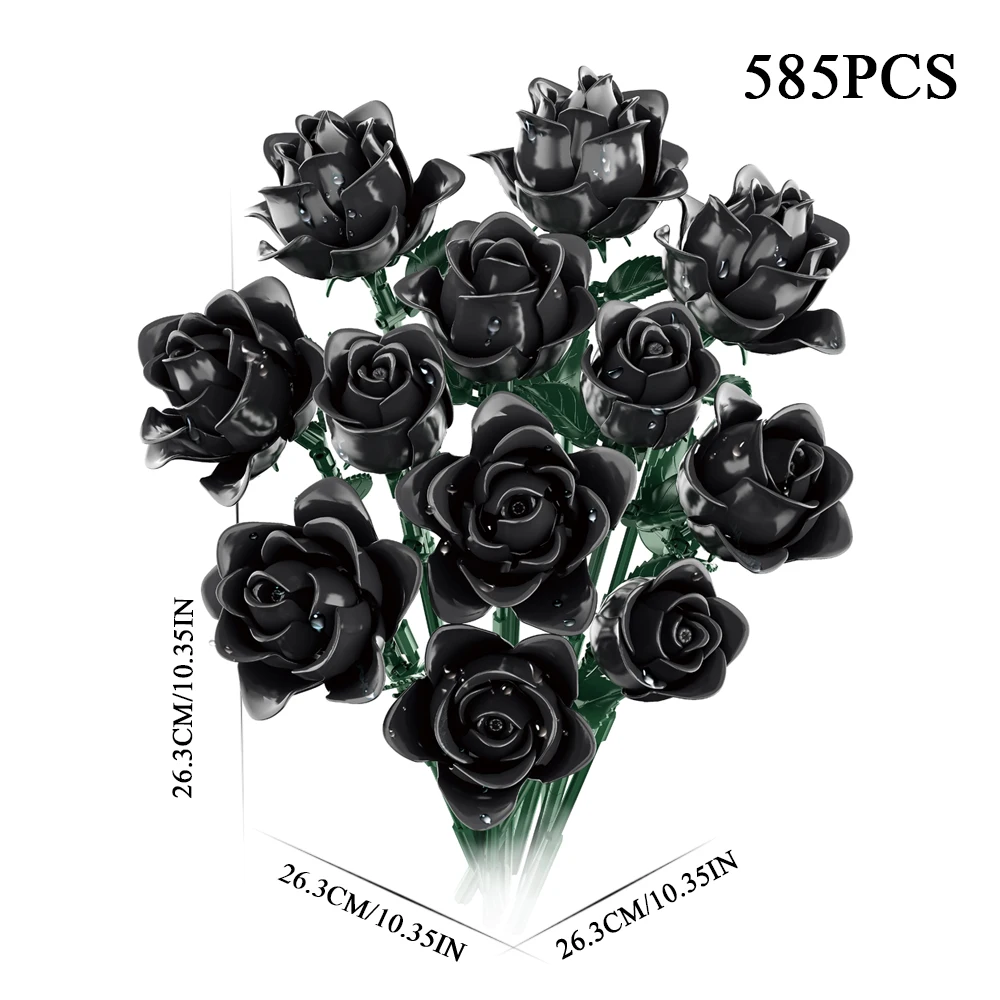 12개의 검은 장미 꽃 블록 세트 성인용 부케 디스플레이 모델 고딕 플로럴 장식 로맨틱 선물 홈 데스크 장식 장난감