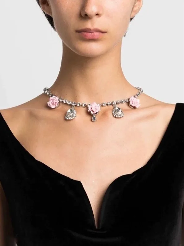 Necklace Temperament Light Luxury Pink Flower Drop Jewelry For Women Collares Para Mujer Collar Collier Femme Pendant Grandes De