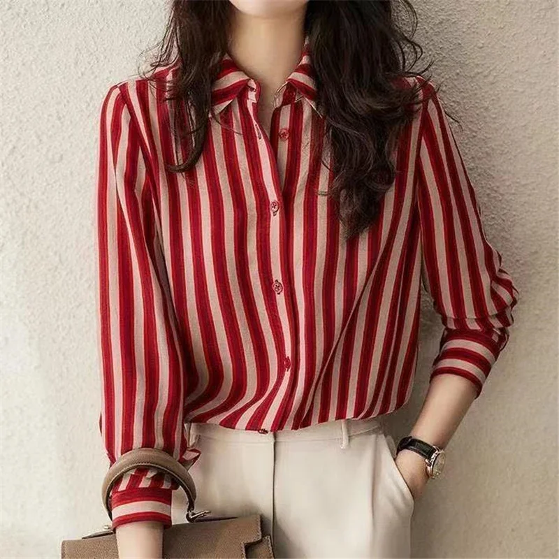 

Classic Elegant Chic Red Striped Long Sleeve Office Lady Button Up Shirts Loose Commute Tops Blouses for Women Clothing E726