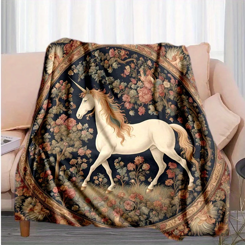 Contemporary Flannel Sofa Bed Blanket - White Unicorn & Floral Digital Print, Soft Warm All-Season Throw for Bedroom, Couch
