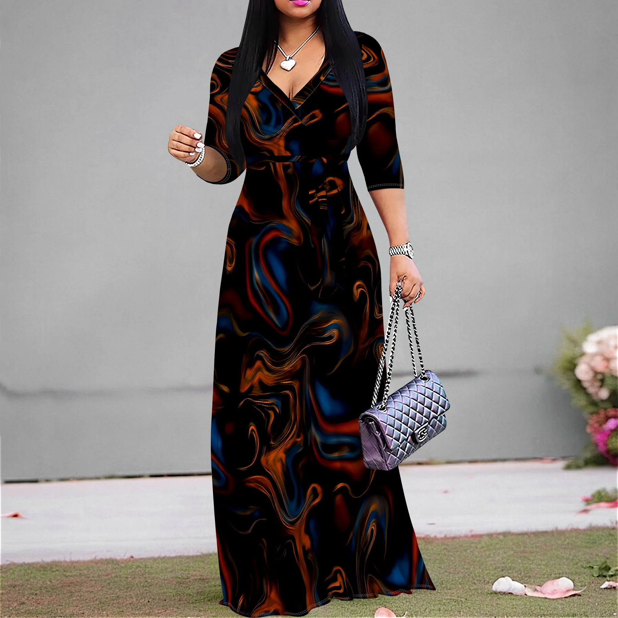 

Black Brown Abstract Print Maxi Dress S-3XL V-Neck Wrap Style with Belt & 3/4 Sleeves for Evening Party, Art Show or Casual Look