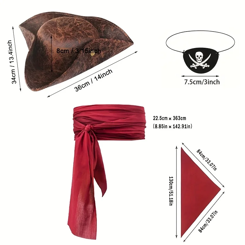 4pcs Pirate Captain Costume Accessory Set Includes Faux Leather Tricorn Hat Skull Eye Patch and Renaissance Red Bandana Belt