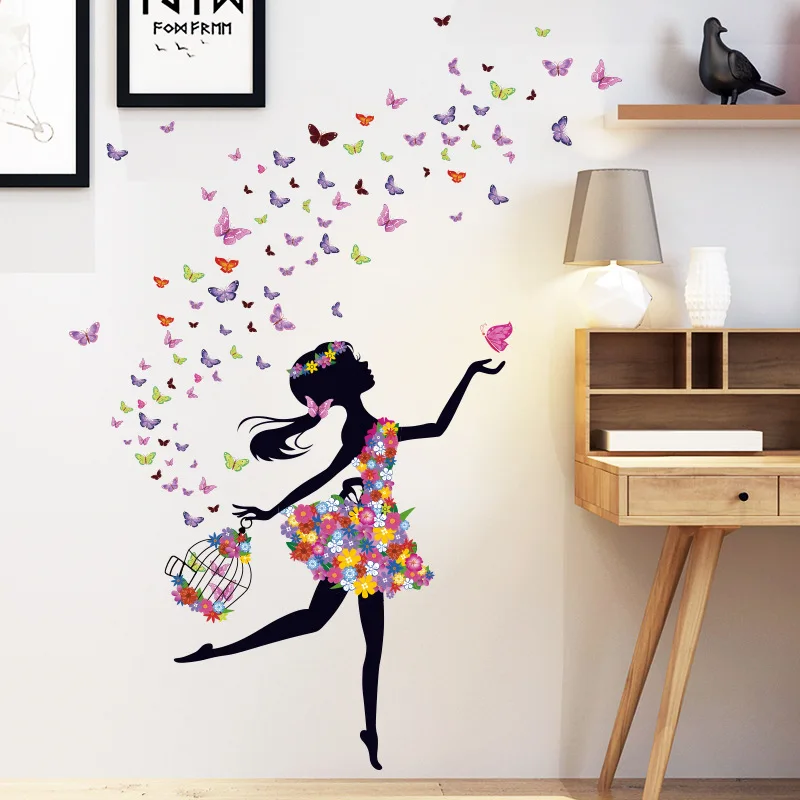 Beautiful Flower Girl with Butterfly Heart Shape Balloon Wall Stickers for Girl Bedroom Living Room Home Decorative Stickers PVC