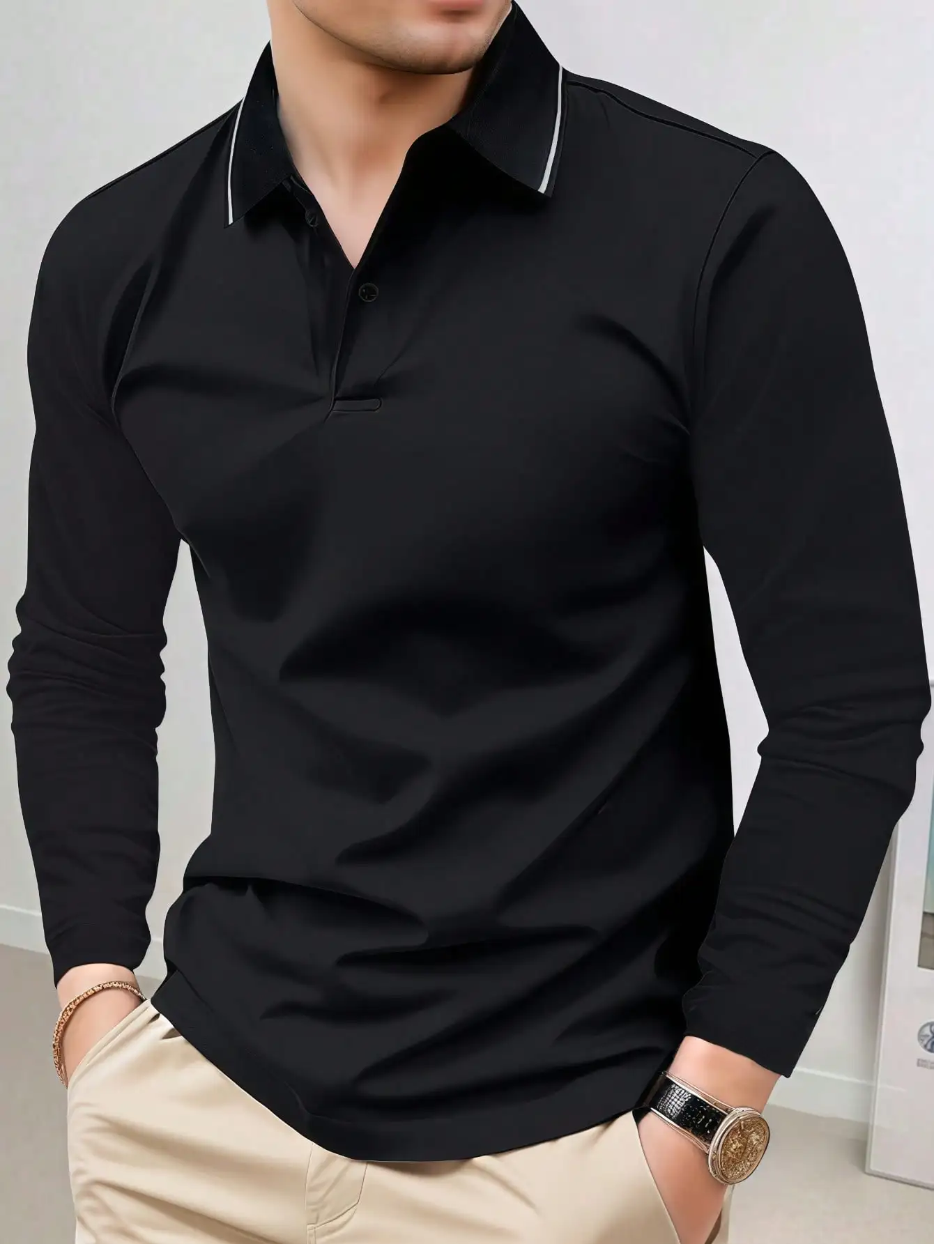 

Мужская черная рубашка-поло с длинным рукавом, стандартный крой, легкий повседневный топ для весны и осени
