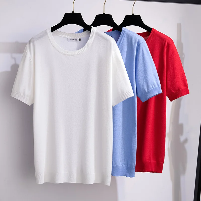 Large Size Women Clothing Solid Ice Silk Knitted T Shirt Women Cool Show Thin 150kg Short Sleeve T-shirt Women Oversized T Shirt