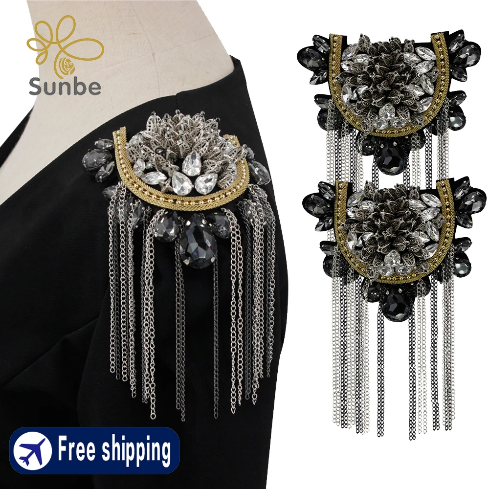 3D Crystal Flower Bead Metal Tassel Shoulder Badge Brooch Pins Dance Wear Patches