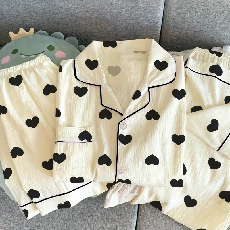 しわ加工の生地のパジャマ 春スタイル 可愛い 女の子らしい ストライプ柄 長袖 韓国風 カジュアル ホームウェアセット