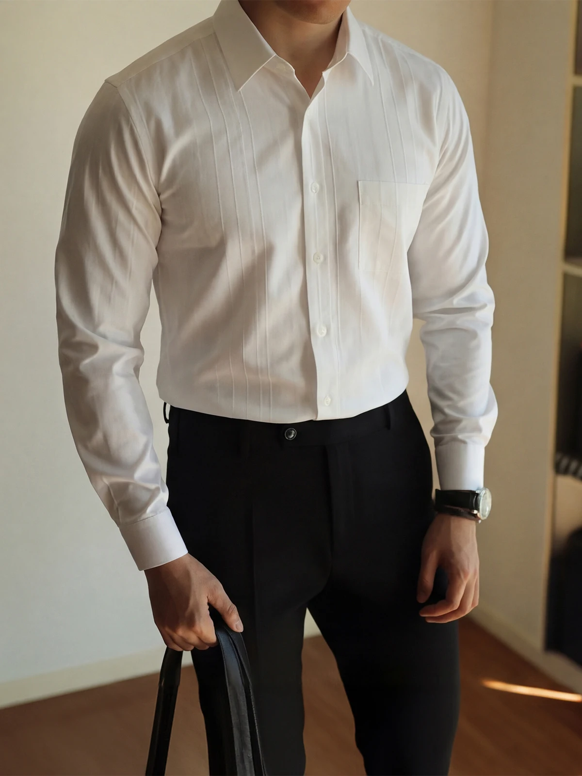 

White Pure Cotton Texture Long Sleeve Men's Shirt Business Iron-Free Commuting Gentleman Color Shirt Casual Loose Fit