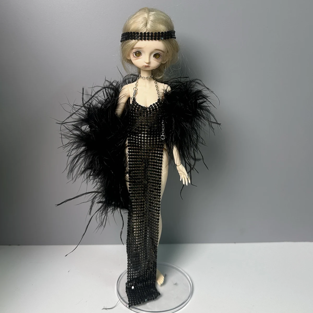 

Luxury Fashion Black Metal Sequin Strapless Dress + Feather Shawl + Headwear Set Retro Evening Gown For 1/6 Babi Supermodel Doll