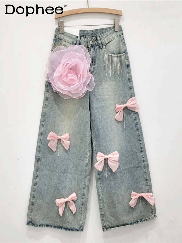 

Japanese-Style Sweet Heavy Industry 3D Bowknot Wide-Leg Jeans 2024 Autumn New High Street Straight Casual Jeans for Women