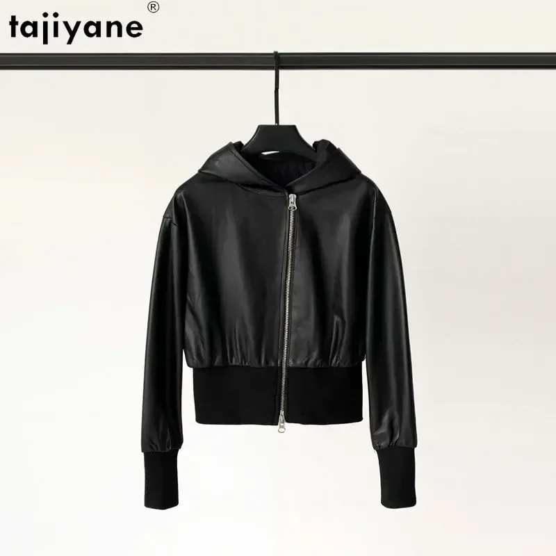 Tajiyane Genuine Sheepskin Leather Jacket Women Short Knitted Stitching Leather Jackets for Women Real Leather Coat Hooded Coats