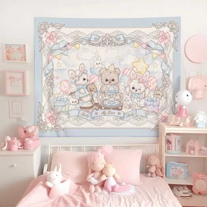 VIKAMA Lolita Lace Bear Rabbit Party Tapestry Wall Hanging Home Decor for Bedroom Living Room Dorm Fairy Tale Cute Pet Buns