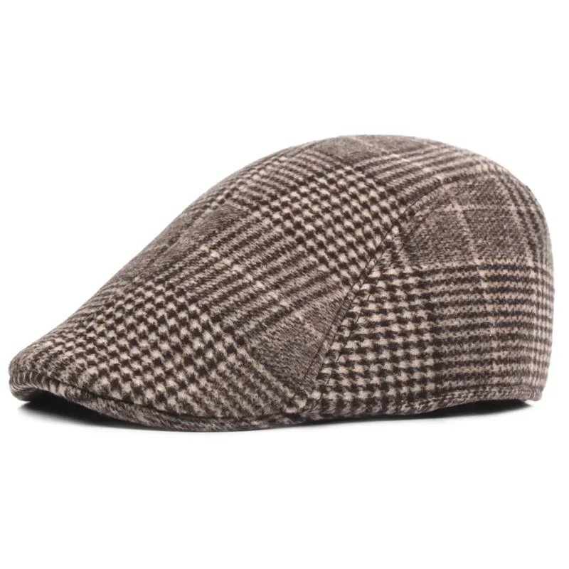 Męskie damskie bawełniana w kratę czapki z beretami w średnim wieku jesienne zimowe czapki Boina jodełkę Newsboy Baker Boy Hat Tweed Flat Cap