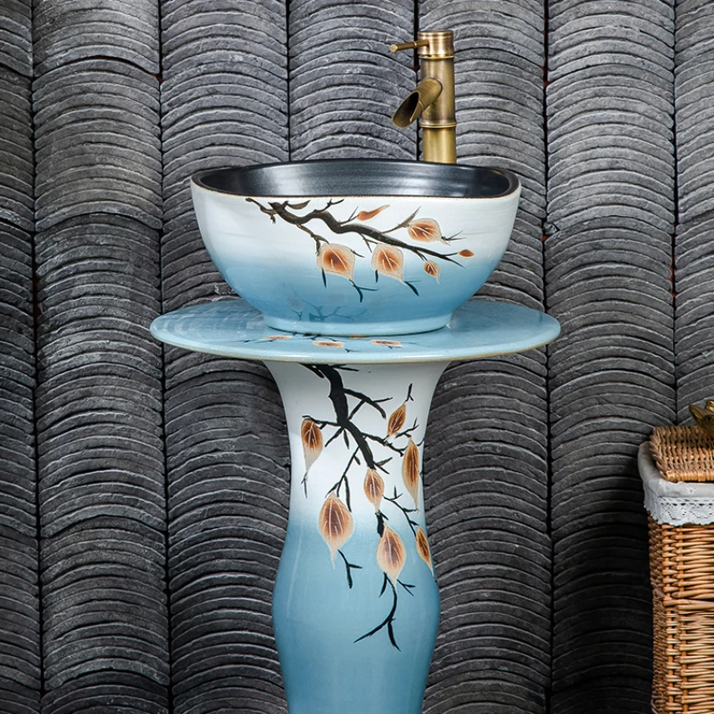 Hand-painted ceramic pillar basin, small balcony, washbasin, integrated floor standing outdoor pillar basin, courtyard,