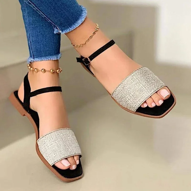 2024 High Quality Shoes for Women Summer Women's Sandals Solid Color Low-heeled One Word Buckle Open Toe Beach Sandals Women