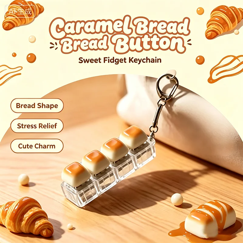 Cute Caramel Bread Square Fidget Keychain 4 Buttons Press Clicker Toy Detachable Keycap Stress Relief Sensory Toy Backpack Gift