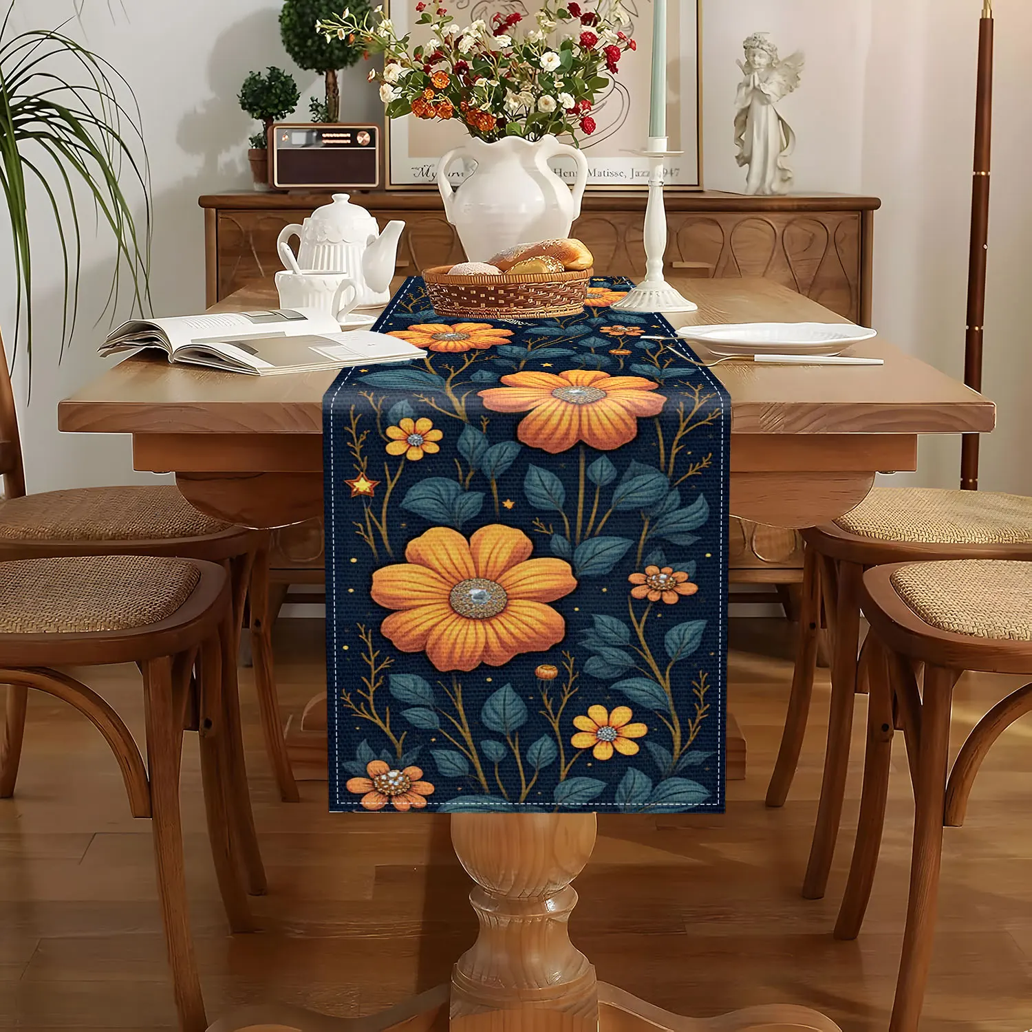 قطعة واحدة من مفرش طاولة الهيكل العظمي الخيالي للهالوين، خلفية زرقاء داكنة مع جماجم، زهور كبيرة، نجوم وأقمار، مناسبة لحفلات الهالوين، استوديوهات تحت عنوان، ديكور منزلي، هدايا العطلات، المماثيل الفنية، مشاهد الحفلات الخيالية #2