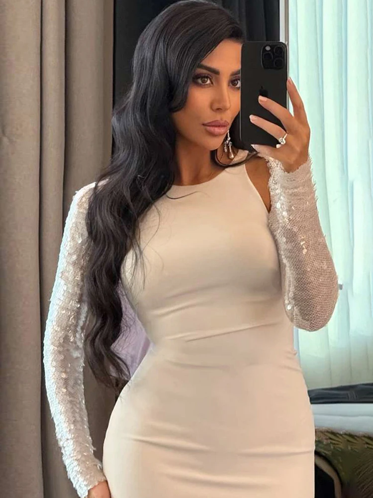 Kliou Lässiges, elegantes 2-teiliges Set für Damen, glänzende Pailletten, volle Ärmel, bauchfreie Mäntel + O-Ausschnitt, ärmellose, dünne Kleider, Street Fashion-Anzüge