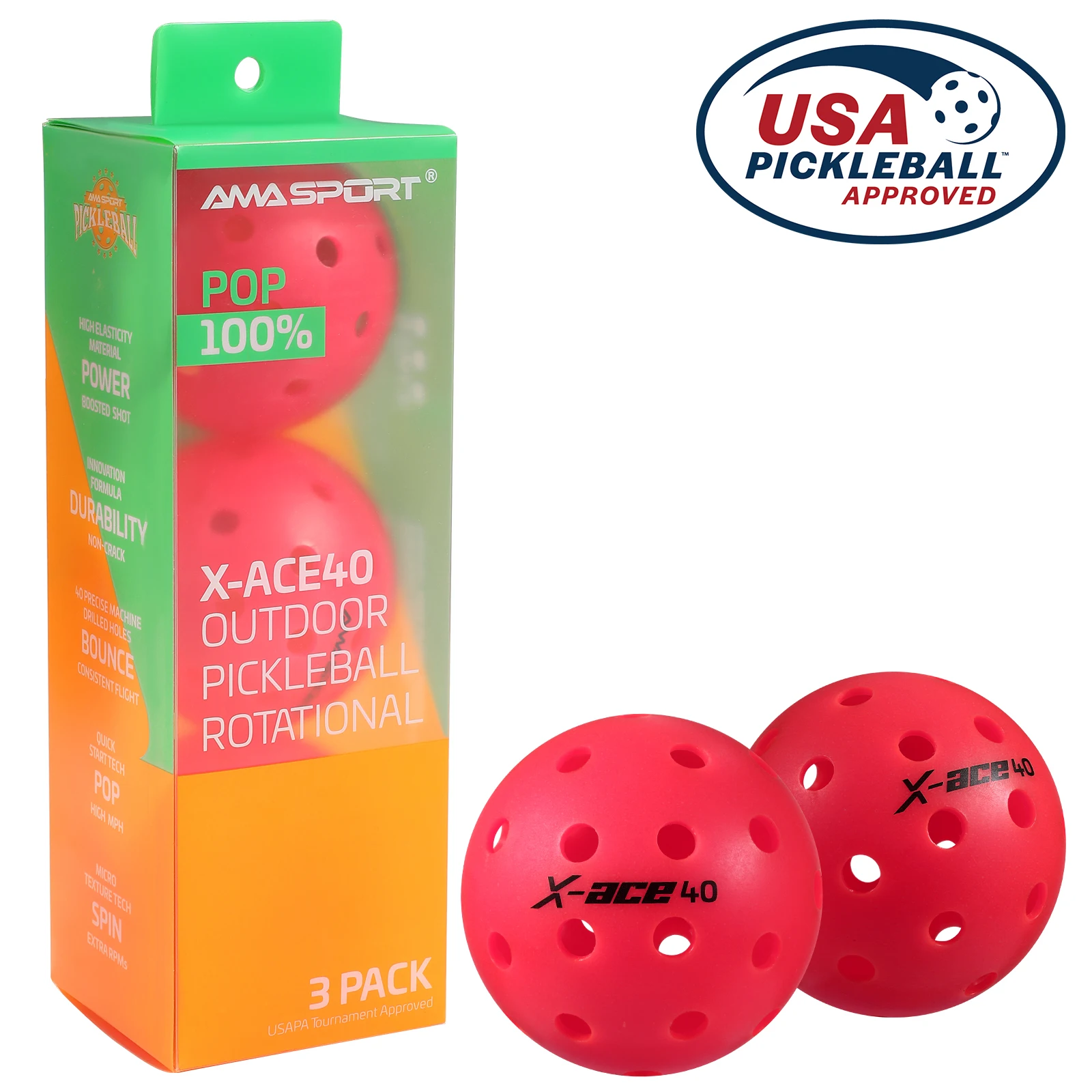 AMA Sport X-ACE Pickleballs 40 Hole Outdoor Pickleball Balls Crack-Resistant ONE Piece Balls 100% POP-Fuchsia