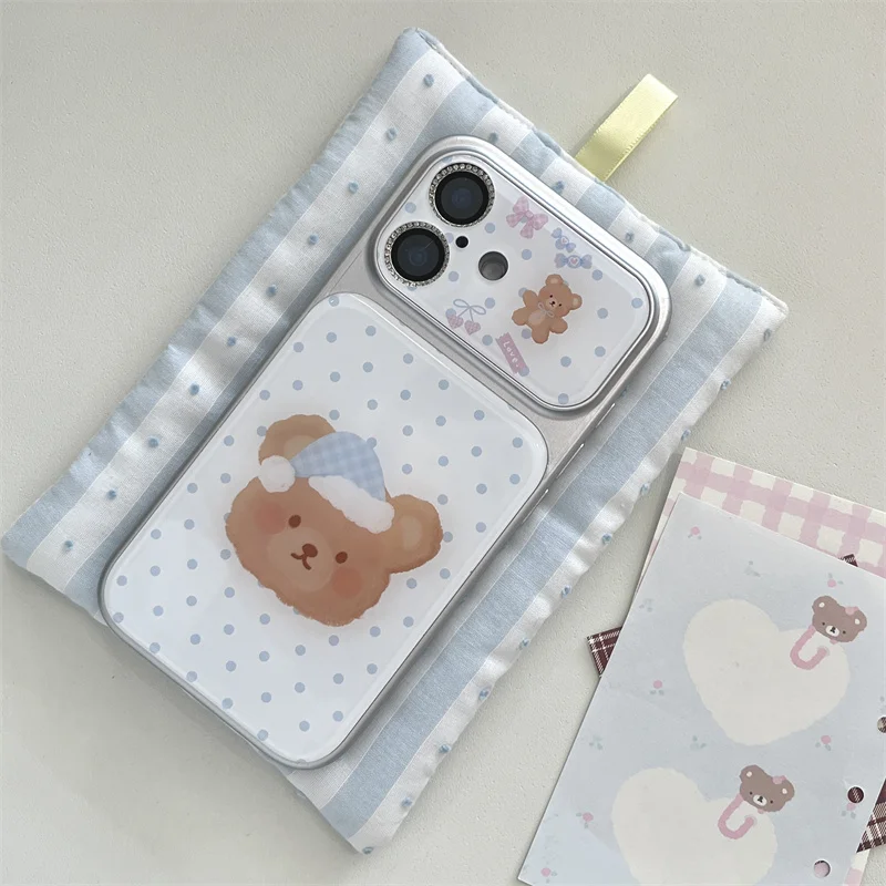 

Kawaii Sleepy Bear Blue Polka Dot Clear Phone Case For iPhone 15 16 17 Pro Max INS Cute Large Window Shockproof Cover