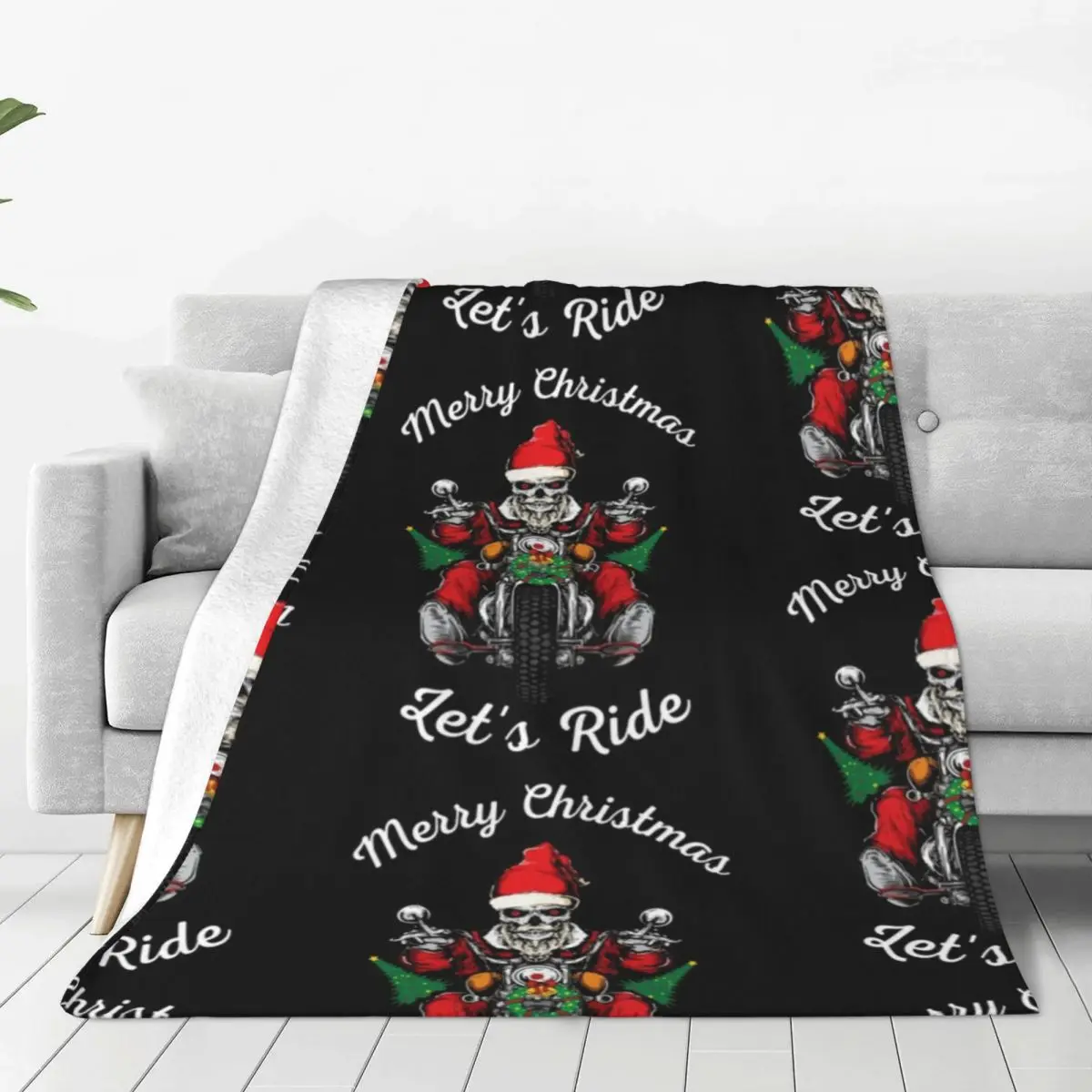 Skull Biker Christmas Blanket Motorcycle Santa Skeleton Camping Flannel Throw Blanket Warm Soft Living Room Bedspread Gift