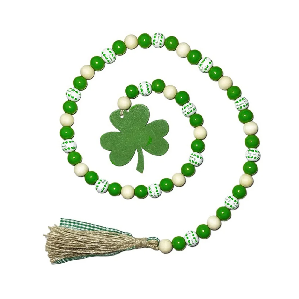 St.Patrick Day Wood Bead Garlands With Tassels & Shamrock Boho Farmhouse Rustic Country Wood Bead Garlands For Tiered Tray Decor