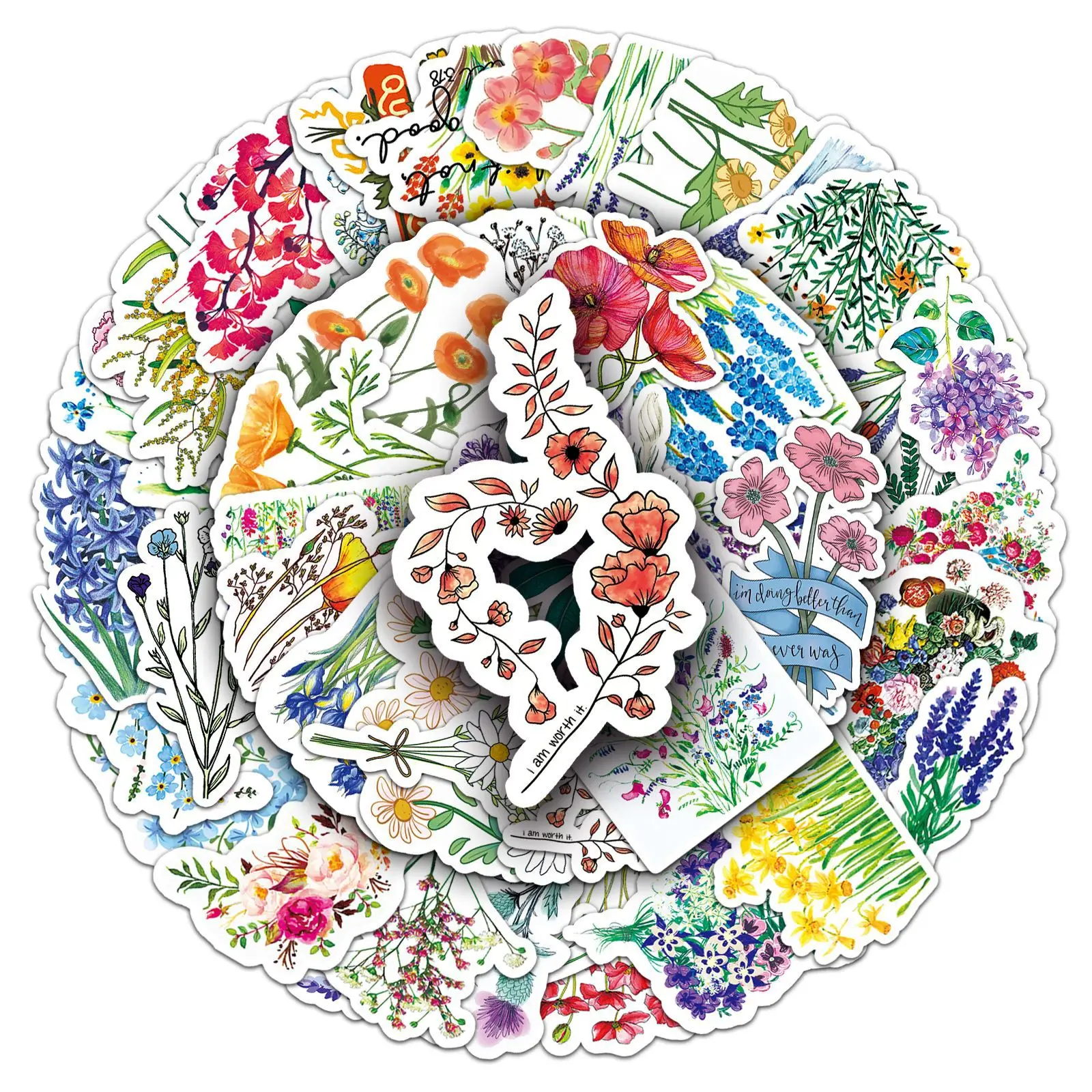สติกเกอร์ลายดอกไม้จากพืช 10/30/50 ชิ้น สติกเกอร์ตกแต่งขนาดเล็ก สไตล์สดใส สำหรับตกแต่งกีตาร์ กันน้ำ