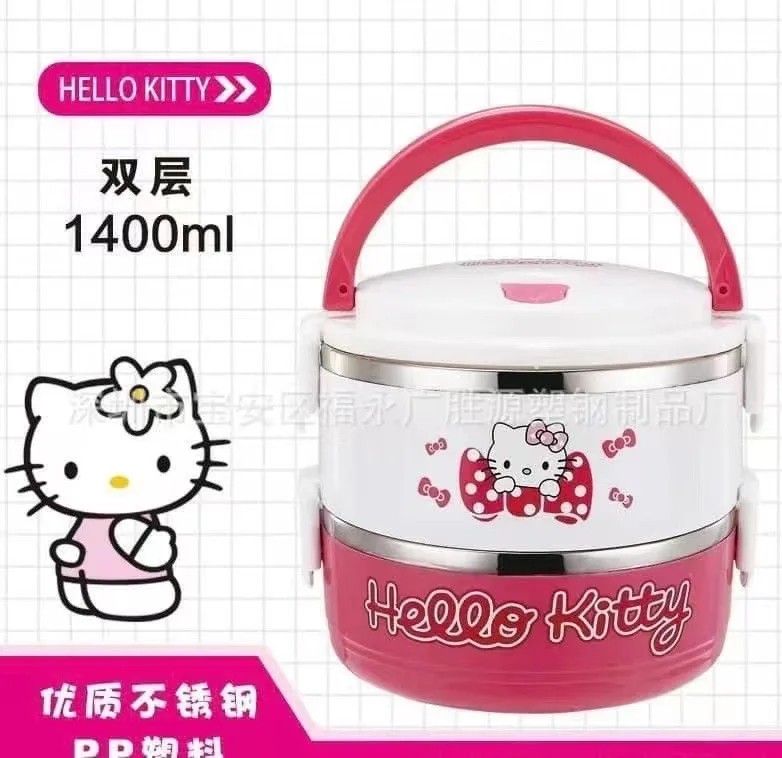 Hello Kitty กล่องอาหารกลางวันถุงอาหารกลางวัน Kawaii แบบพกพาสําหรับโรงเรียนเด็กปิคนิคกล่อง Bento กล่องอาหารพร้อมช่องภาชนะเก็บ