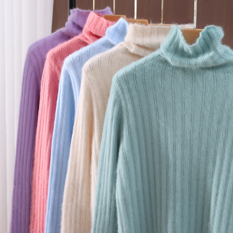 

Fall/Winter Pile Collar Loose Ladies Thickened 100% Pure Mink Cashmere Sweater Casual Solid Color Joker Knit Bottoming Shirt