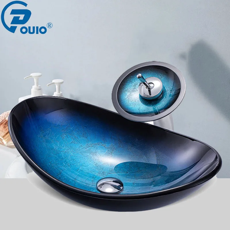 OUIO Lavabo de Baño Negro de Vidrio Templado con Grifo Cascada Pintado a Mano, con Desagüe de Sobredrenaje y Mezclador de Agua Fría y Caliente