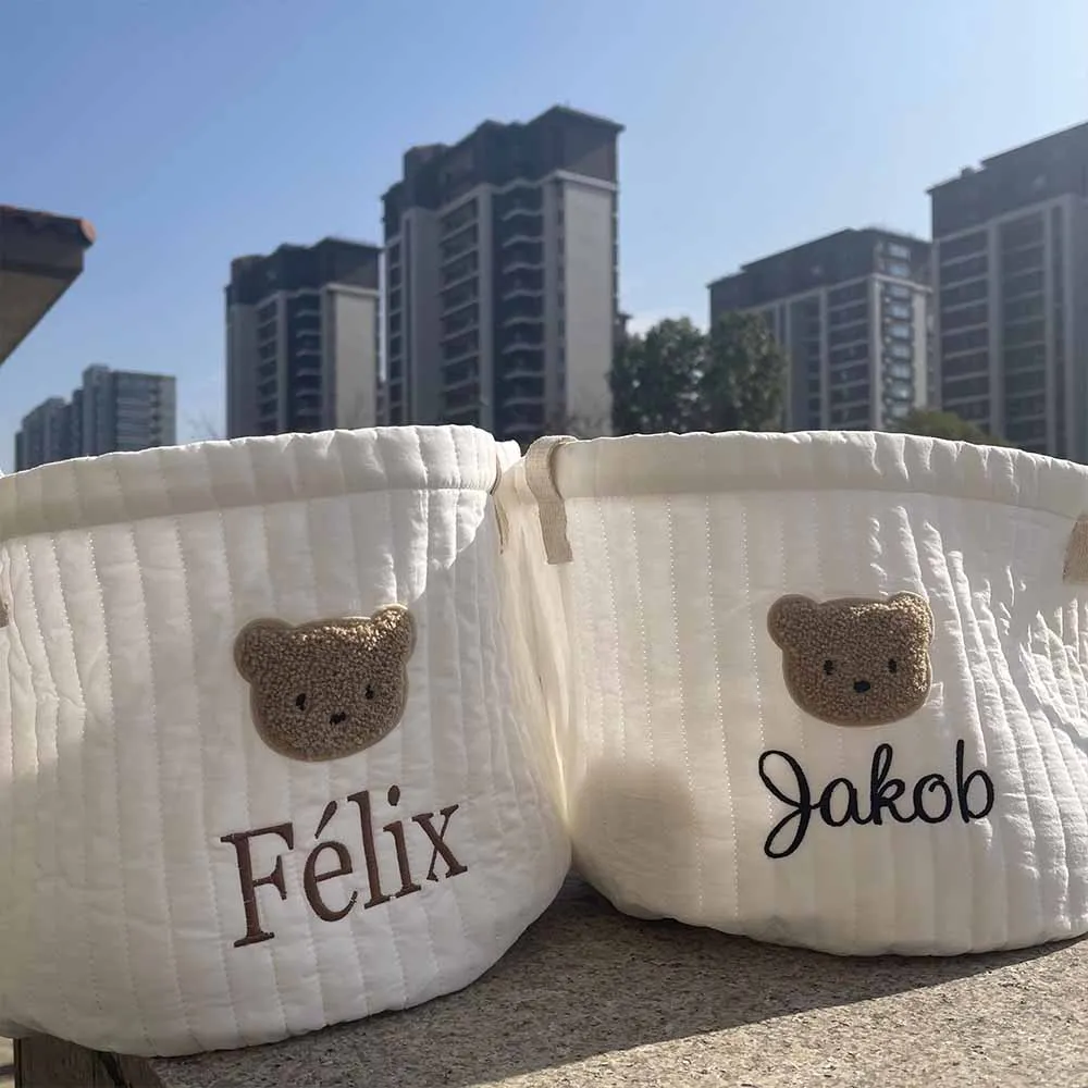 Embroidered Name Cute Bear Storage Basket Baby Toys Storage Basket Personalized Baby Diaper Sorting Basket Baby Shower Gifts