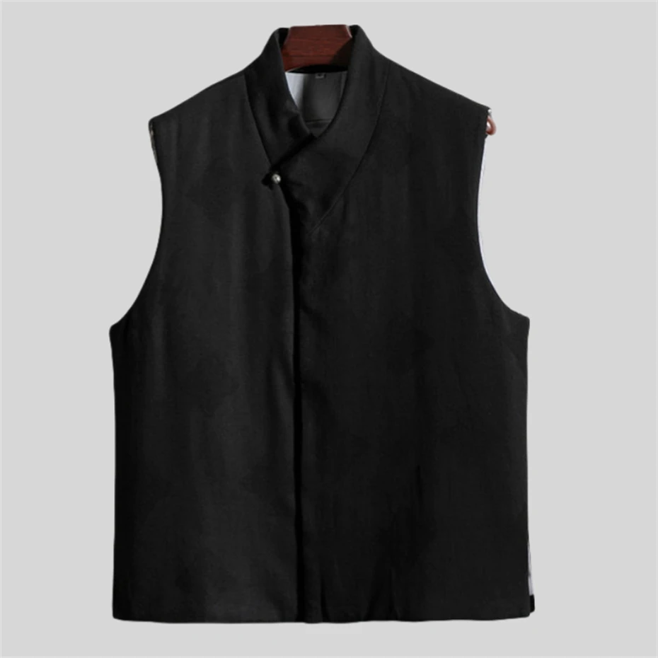 

Winter Mens Vest Sleeveless Men Jacket Retro Cotton Linen Vest Men Thick Vests Warm Solid Color Men Clothing Black