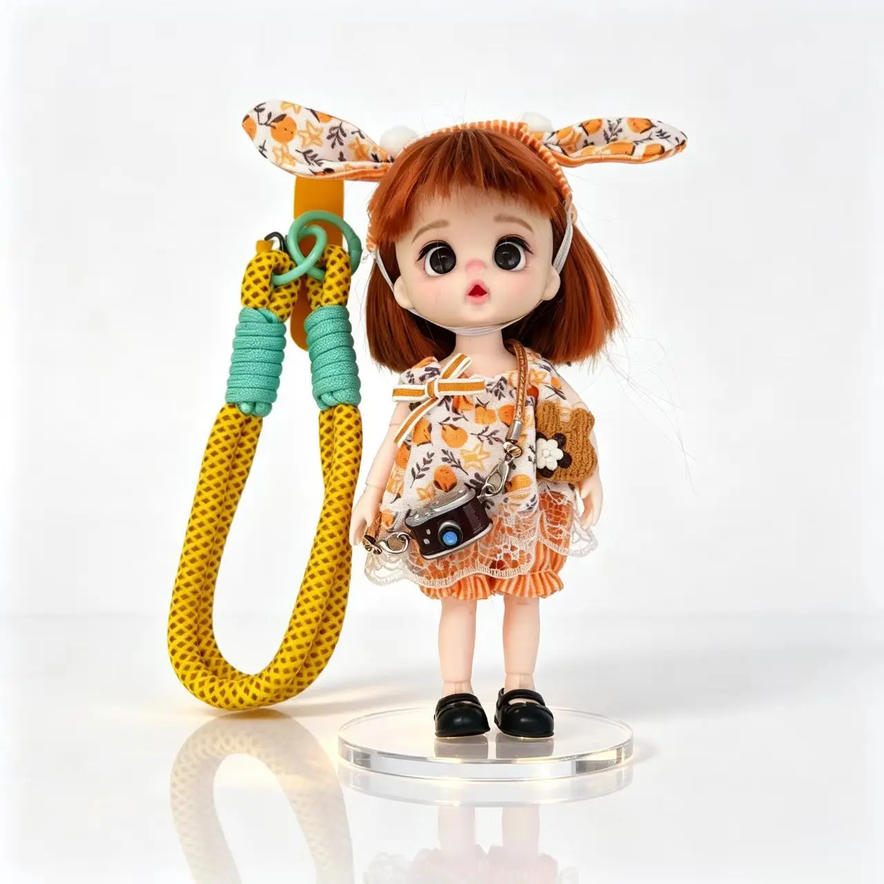 16cm Floral Rabbit Ears Orange-Patterned Doll Ornament Joints Moveable Short/Double-Ponytail Doll Keychain Pendants Bags Charms