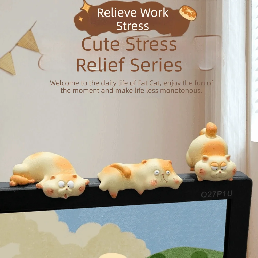 Cartoon Design Cat Monitor Ornament Home Decoration Cute Mini Chubby Cat Figure Office Desk Resin Cat Figurines Micro Landscape