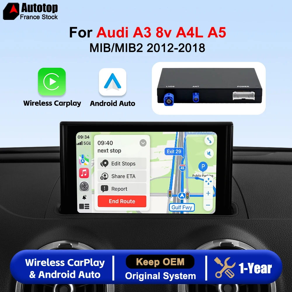 AUTOTOP CarPlay Wireless Android Auto per Audi A3 S3 8V A4L A5 Q2L Q5L MIB MIB2 2013-2018 Box di decodifica per aggiornamento Navigazione Accessori multimediali con AirPlay Car Play BT Mirror Link