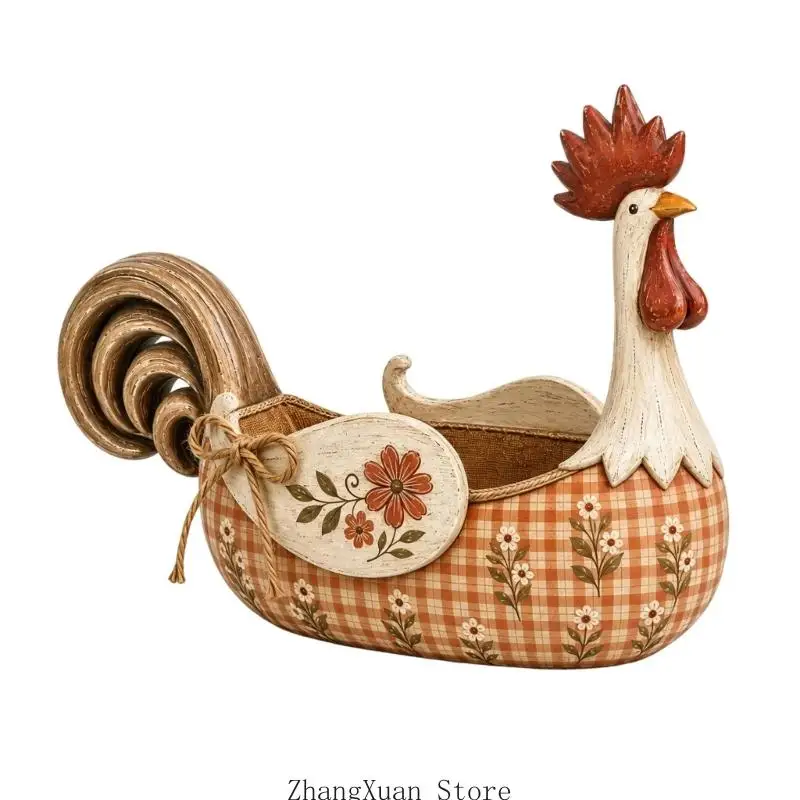 Country Chicken Besteckbehälter aus Holz mit deckellosem Zugang und Gingham-Blumendetail für die Tischorganisation 3XUF – Detail 3